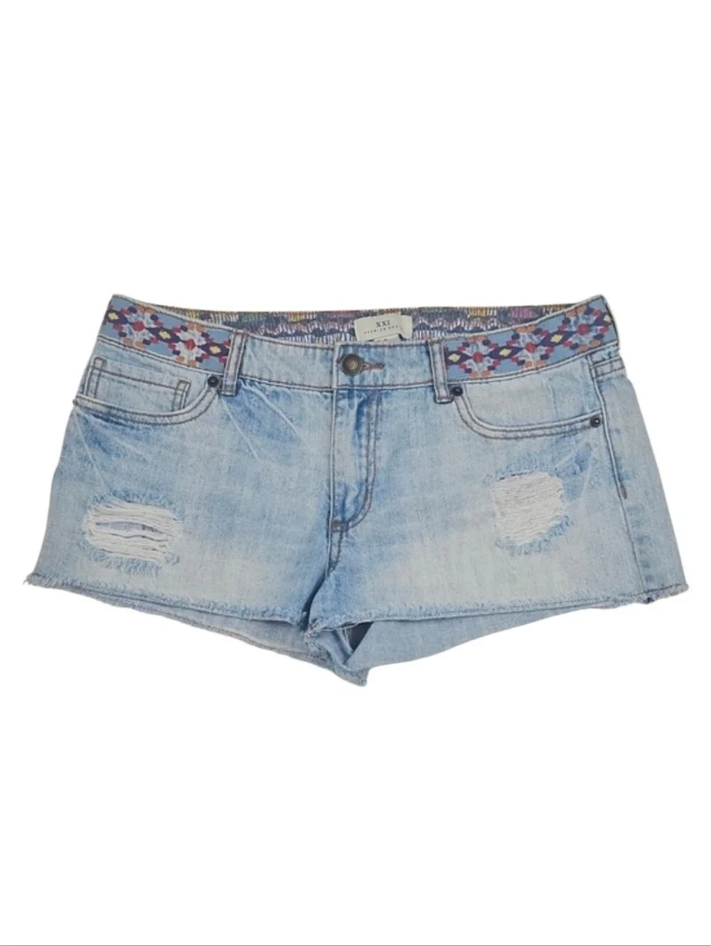 Forever 21 Light Wash Distressed Denim Shorts Southwestern Embroidered 29